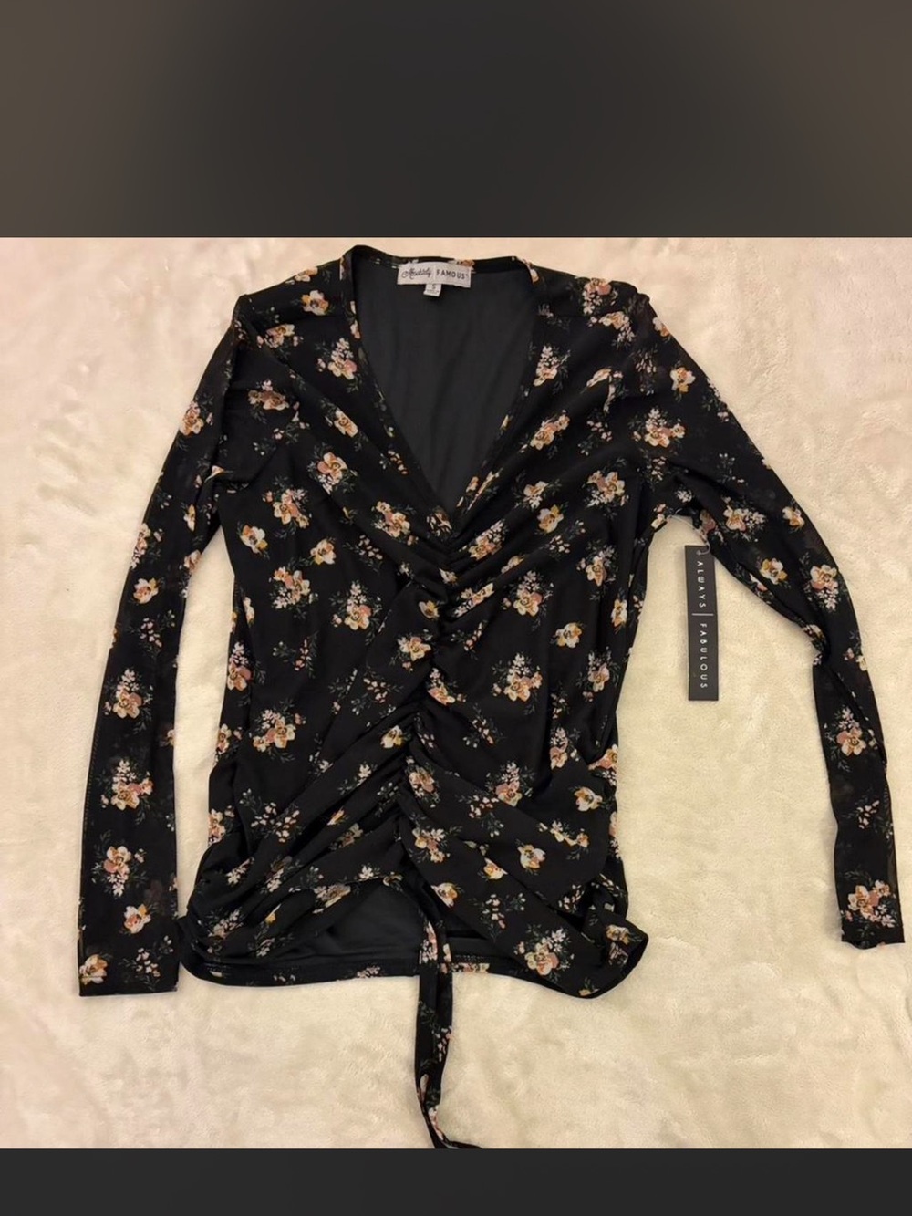 Absolutely Famous Black Floral Long-Sleeve Ruched Wrap Top